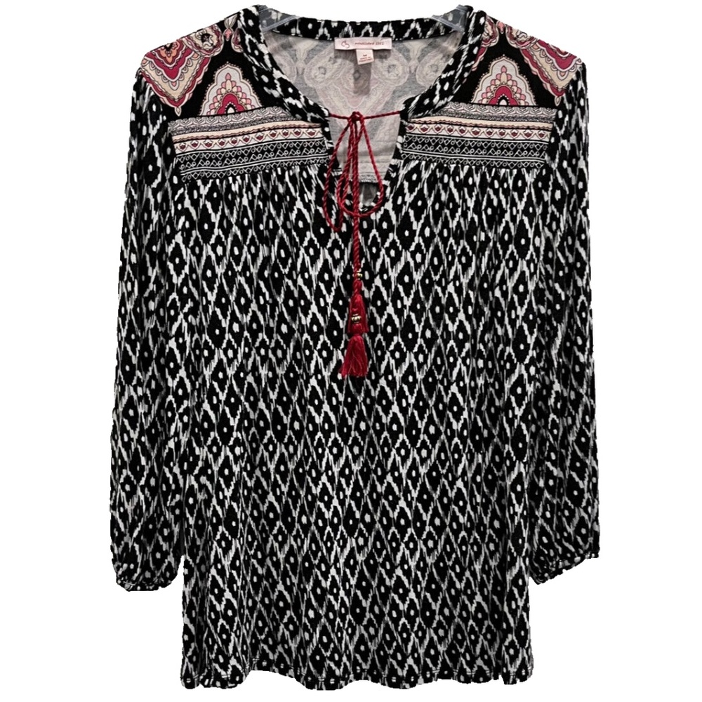 Women's cb Established 1962 Black/White/Red Boho Peasant Tassle Top Size M